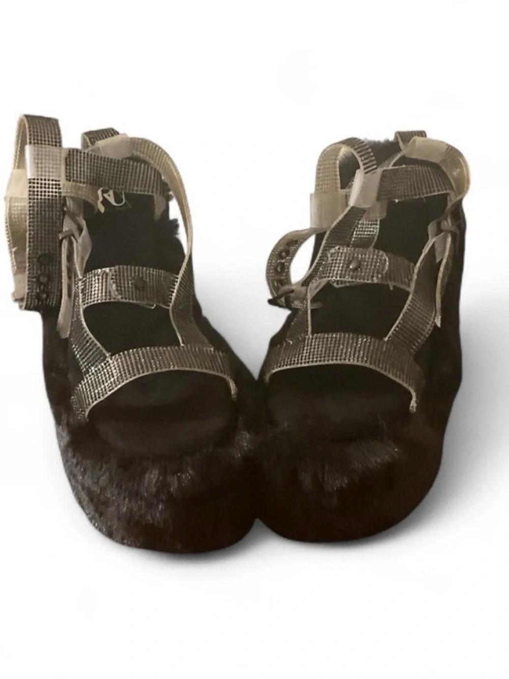Y.R.U. X Dolls Kill Black Gravity Bling FauxFur Rhinestone Platform Sandal NWT 7